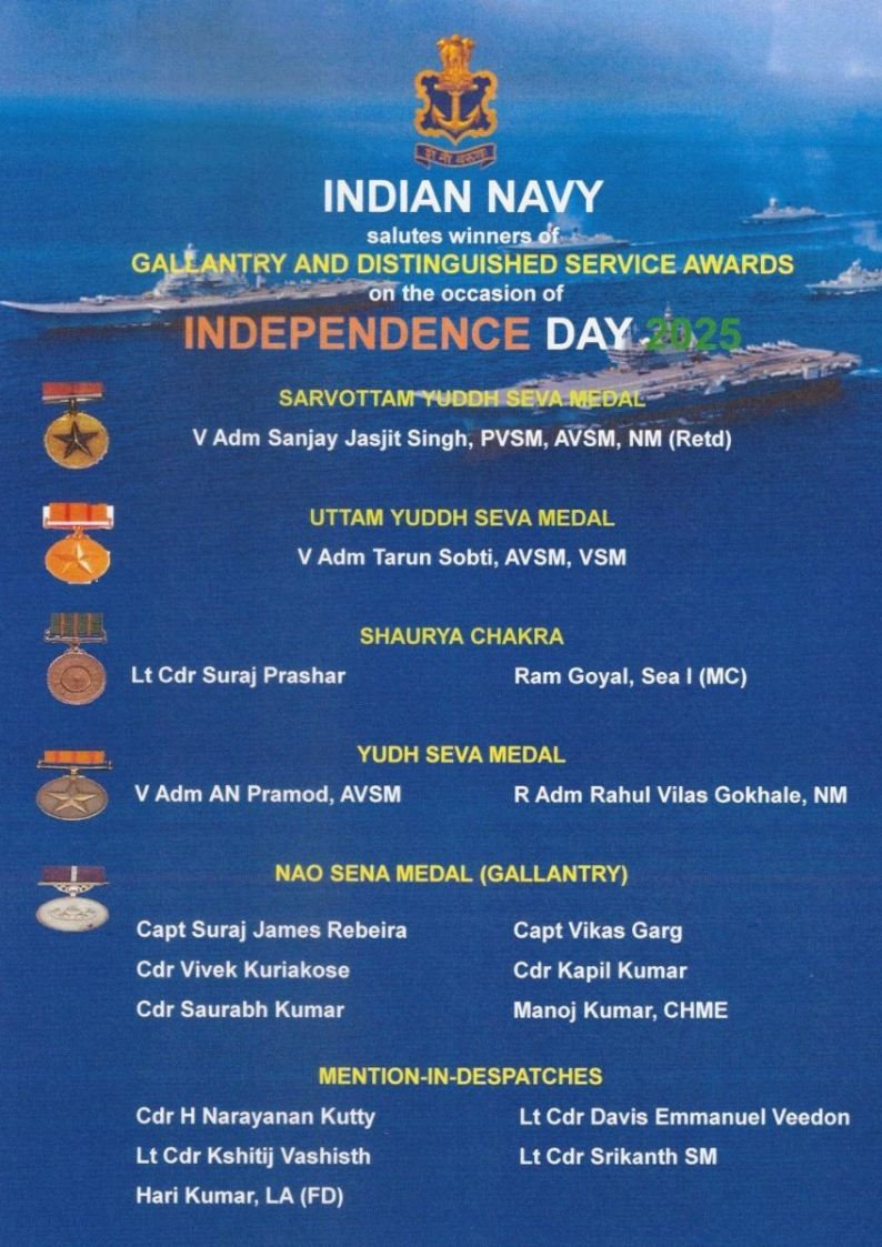 GALLANTRY AWARDS TO INDIAN NAVAL PERSONNEL ON THE EVE OF INDEPENDENCE DAY 2025