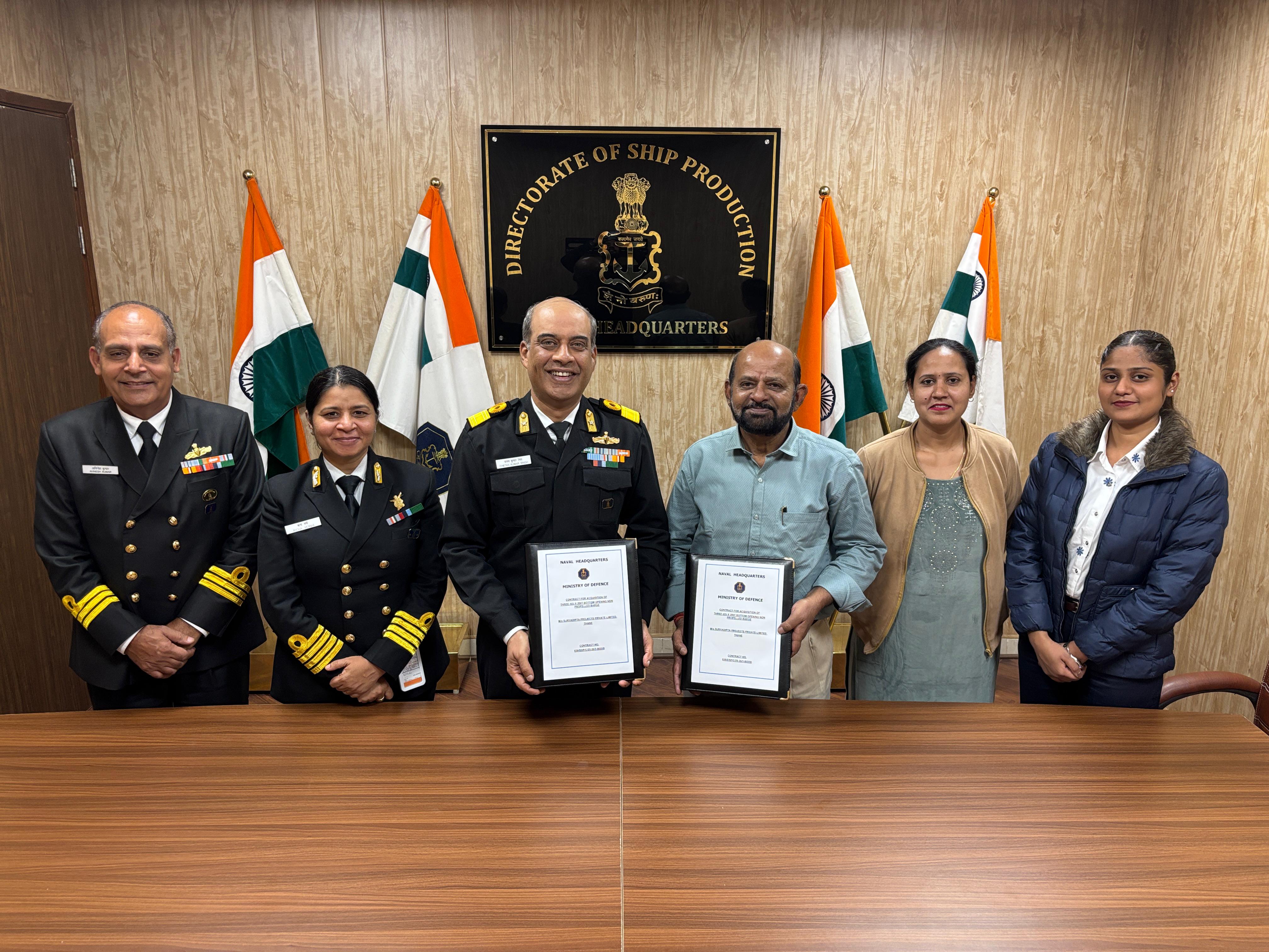 INDIAN NAVY SIGNS CONTRACT FOR THREE ‘BOTTOM OPENING NON-PROPELLED BARGES’ WITH M/s SURYADIPTA PROJECTS PRIVATE LIMITED, THANE