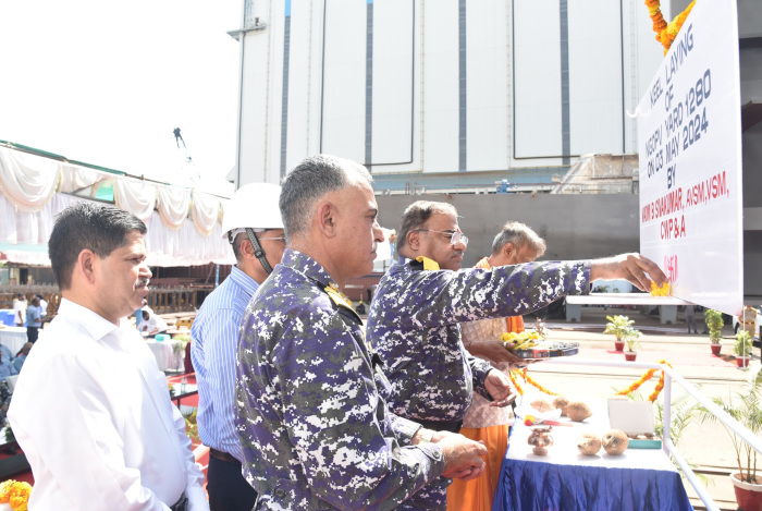 Keel Laying of The First Next Generation Offshore Patrol Vessel (ex-GSL) on 03 May 24 at Goa Shipyard Ltd