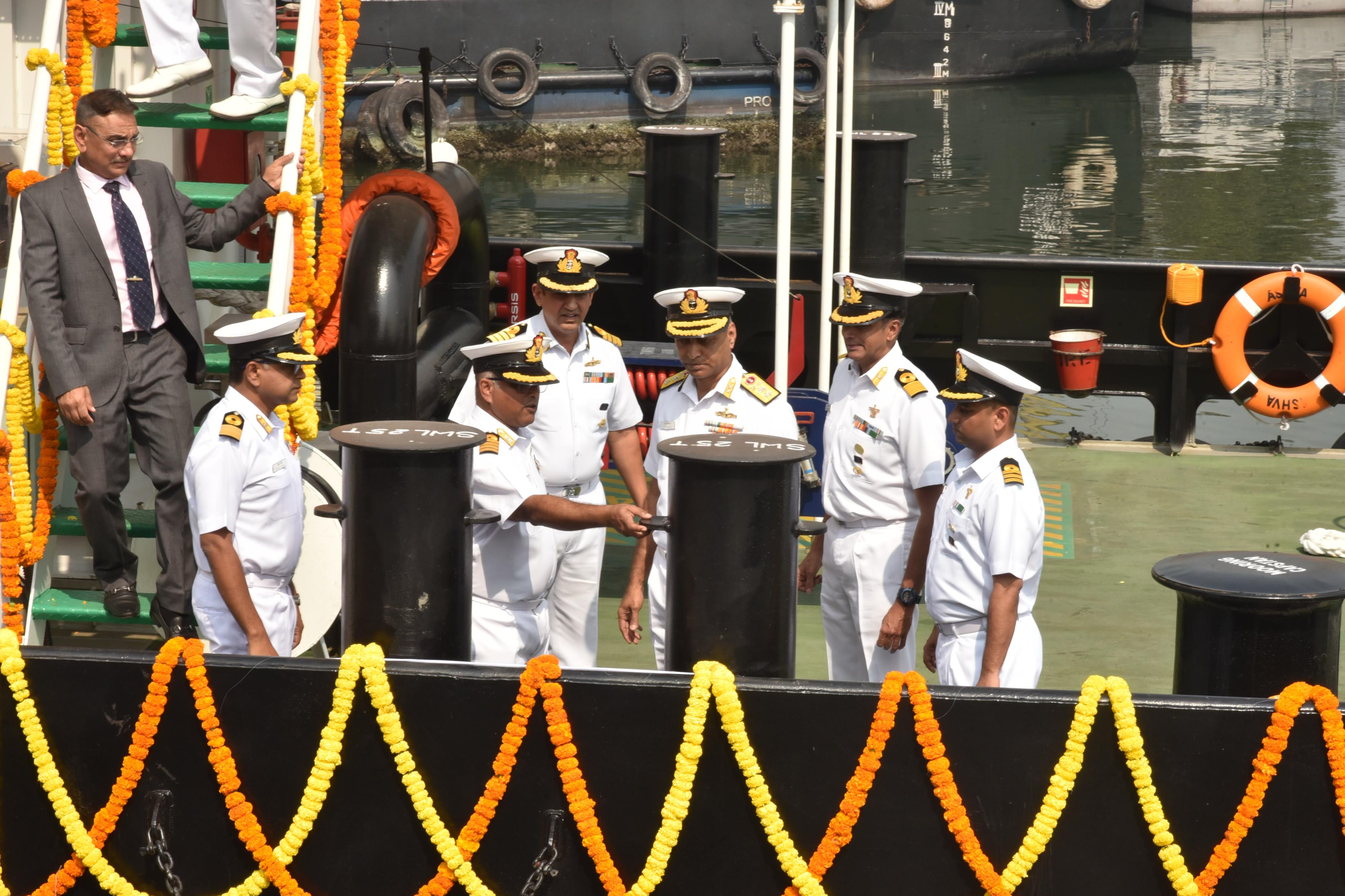 INDUCTION OF THIRD 25T BOLLARD PULL TUG ASHVA (YARD 337) AT NAVAL DOCKYARD, VISAKHAPATNAM