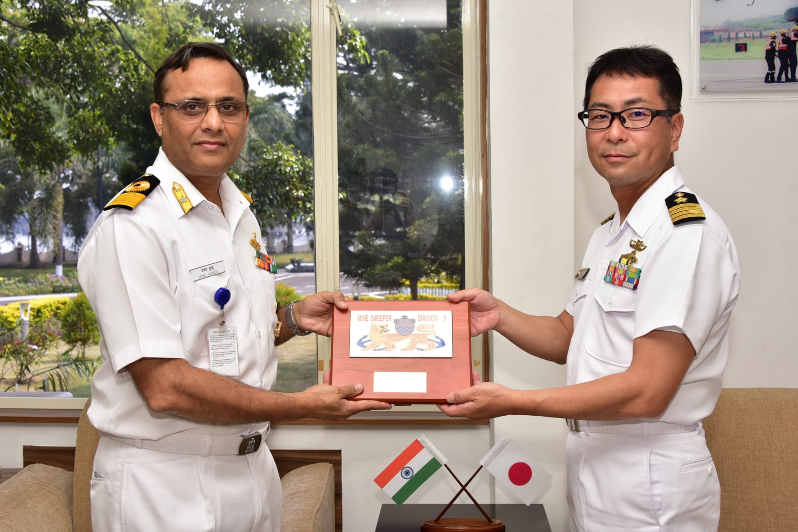 Capt Nakai Eichi, Commander, Minesweeper Division and Commodore Upal Kundu, Chief Staff Officer (Training), Southern Naval Command exchanging Crest.