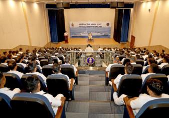 Admiral Dinesh K Tripathi CNS Addressed Indian Navy Sailors Posted in NHQ and Units in Delhi Area at Nau Sena Bhawan, New Delhi on 12 June 2024.