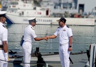 INDIAN NAVY WELCOMES CGS HURAVEE, A PATROL VESSEL OF THE MALDIVES NATIONAL DEFENCE FORCE