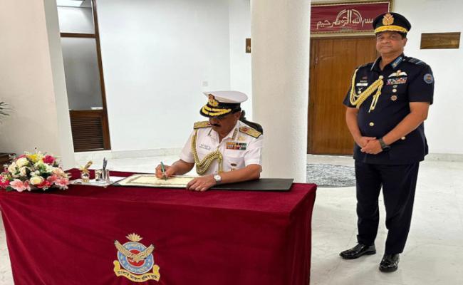 Admiral Dinesh K Tripathi, CNS during his visit to Bangladesh interacted with Air Marshal Hasan Mahmood, Chief of the Air Staff