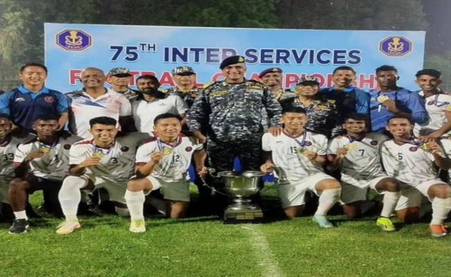 Indian Navy Football Team Lifted The Winners Trophy in The Inter Services Football Championship Held at Barca Academy Ground at Gurugram on 27 June 2024.