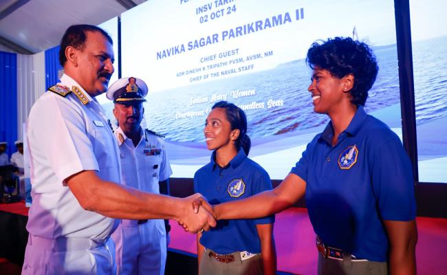 Admiral Dinesh K Tripathi CNS flagged off the historic Navika Sagar Parikrama II circumnavigation expedition from Ocean Sailing Node, INS Mandovi, Goa on 02 October 2024. 