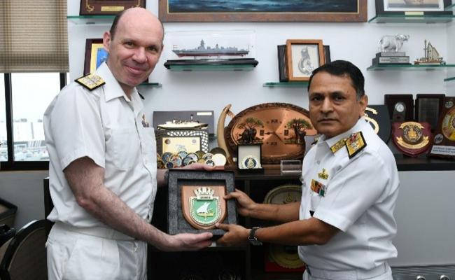 CMDE BEN ALDOUS, COMMANDER, UK MARITIME COMPONENT COMMAND, ALONG WITH COL SIMON WESTLAKE, RESIDENT DA UK, CALLED ON RADM VIDHYADHAR HARKE, CSO (OPS) WNC