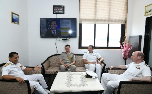 CMDE BEN ALDOUS, COMMANDER, UK MARITIME COMPONENT COMMAND, ALONG WITH COL SIMON WESTLAKE, RESIDENT DA UK, CALLED ON RADM VIDHYADHAR HARKE, CSO (OPS) WNC