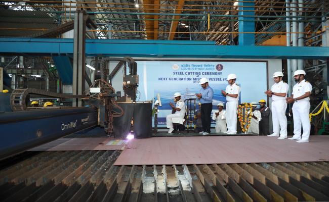STEEL CUTTING OF FIRST NEXT GENERATION MISSILE VESSEL (NGMV) FOR INDIAN NAVY AT COCHIN SHIPYARD LIMITED, KOCHI