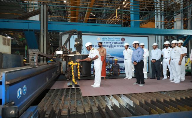 STEEL CUTTING OF FIRST NEXT GENERATION MISSILE VESSEL (NGMV) FOR INDIAN NAVY AT COCHIN SHIPYARD LIMITED, KOCHI